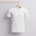 Short sleeve t-shirt on hanger against pastel wall