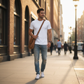Male model wearing short sleeve t-shirt outdoors
